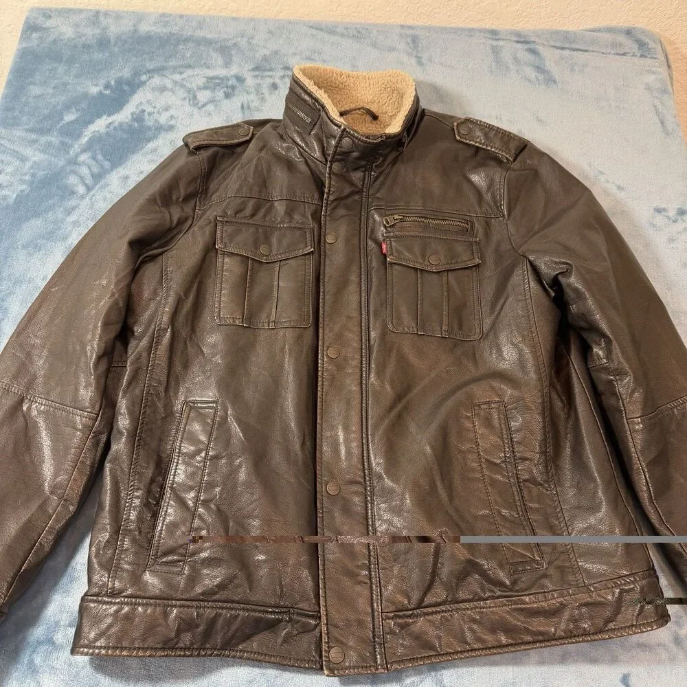 Levis Mens Faux Leather Sherpa Jacket XL Brown Aviator Bomber Utility NO PEELING